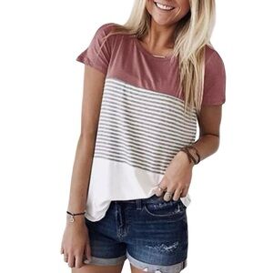 Women’s Short Sleeve Duluth Round Neck Block Stripe Casual T Shirts Size-S NWT